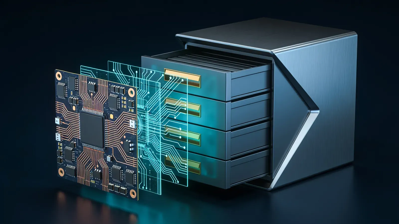 Illustration of a circuit pattern leading into a filing cabinet.